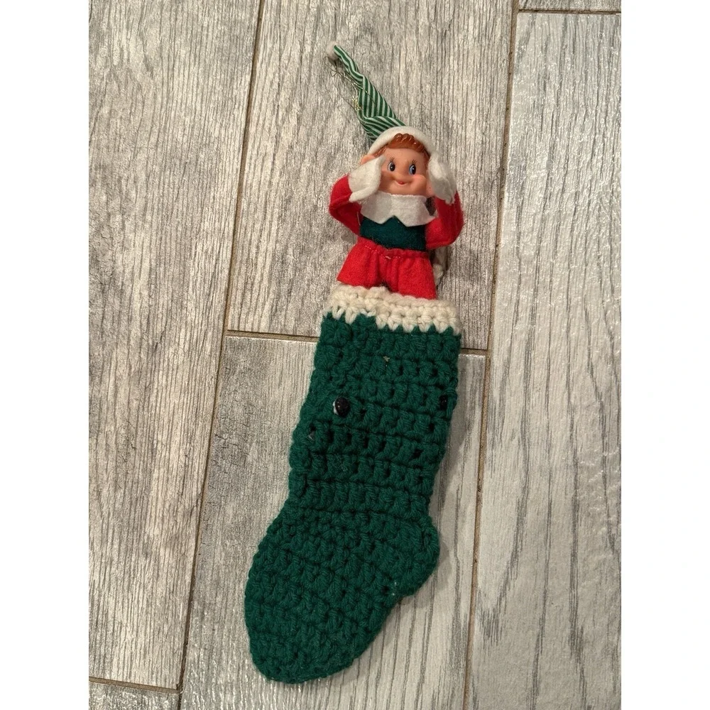 Vintage Pixie Santa Elf Knee Hugger Crochet Stocking Christmas Kitschy Rubber